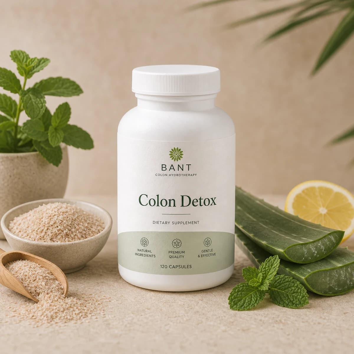 Bant Colon Detox bottle with psyllium, aloe, lemon, and mint on a cream surface.