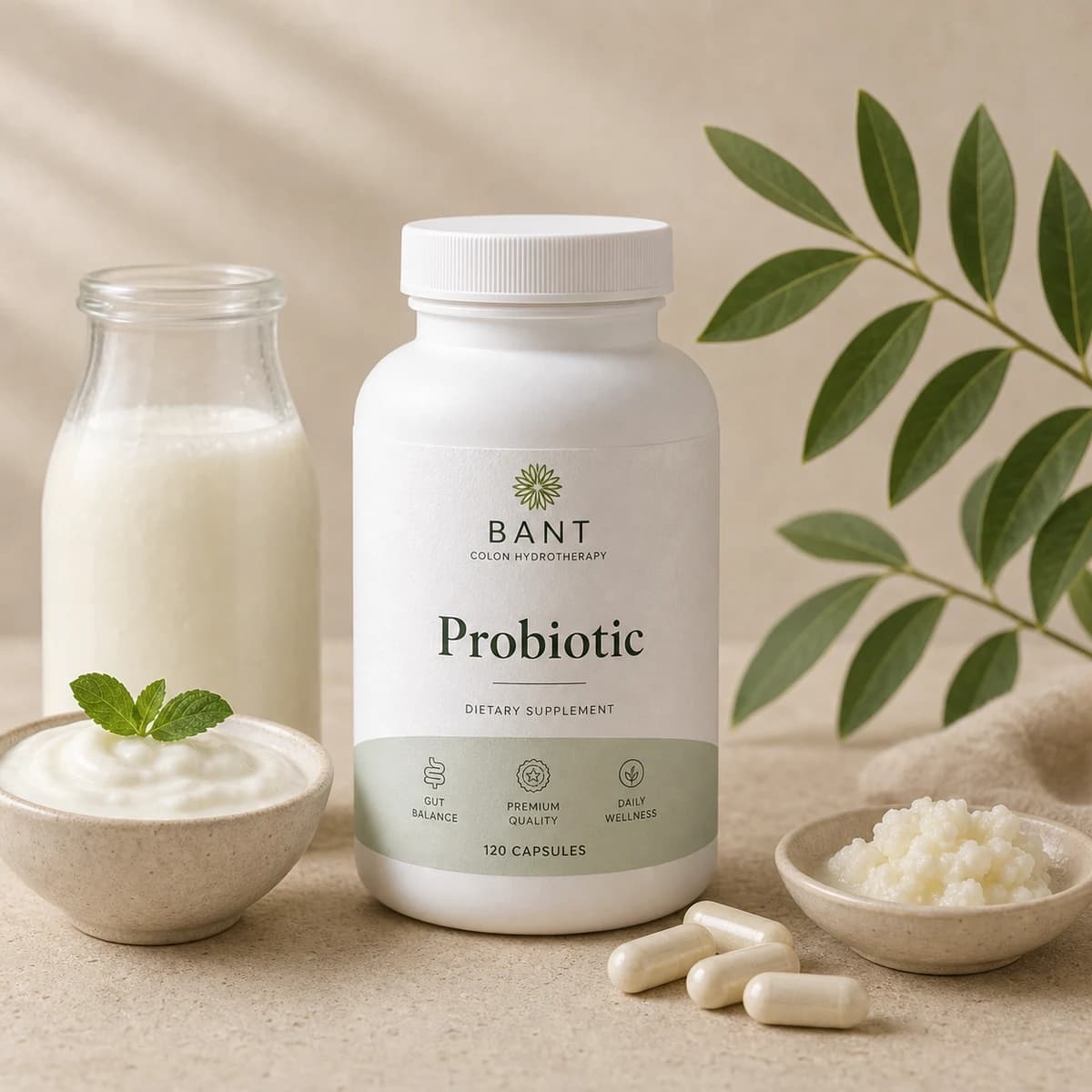 Bant Probiotic bottle with yoghurt, kefir, capsules, and soft leaf styling.