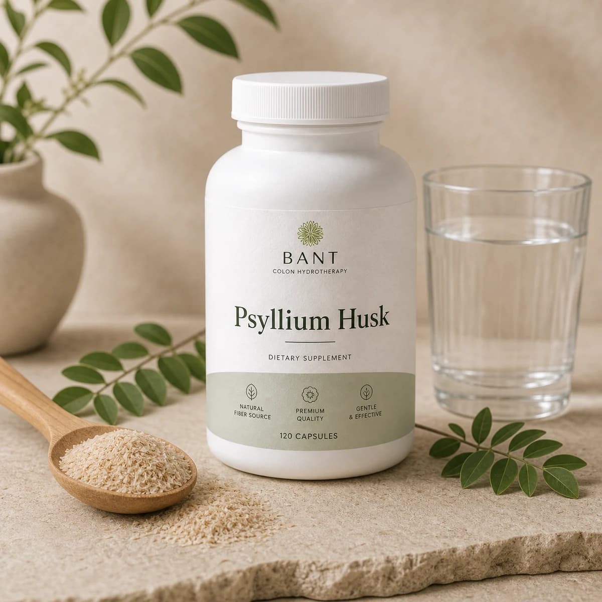 Bant Psyllium Husk bottle with husk flakes, water glass, and neutral botanical textures.