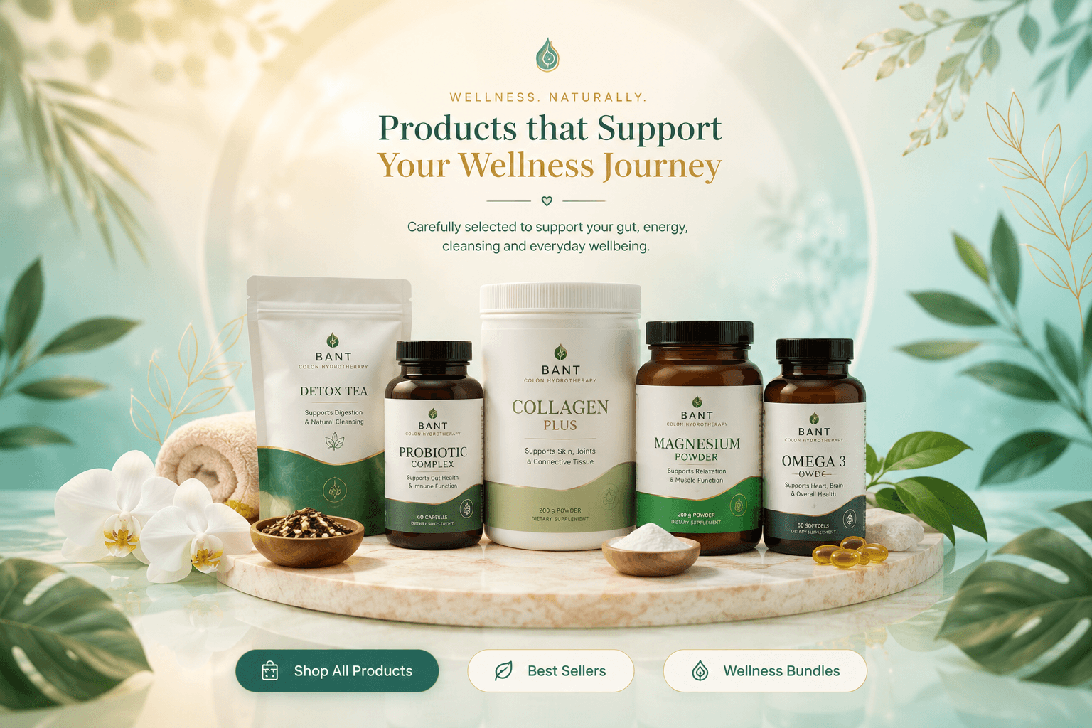 A selection of Bant wellness products arranged on a spa-like surface with a soft aqua botanical background.