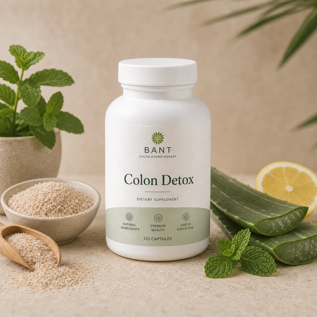 Bant Colon Detox bottle with psyllium, aloe, lemon, and mint on a cream surface.