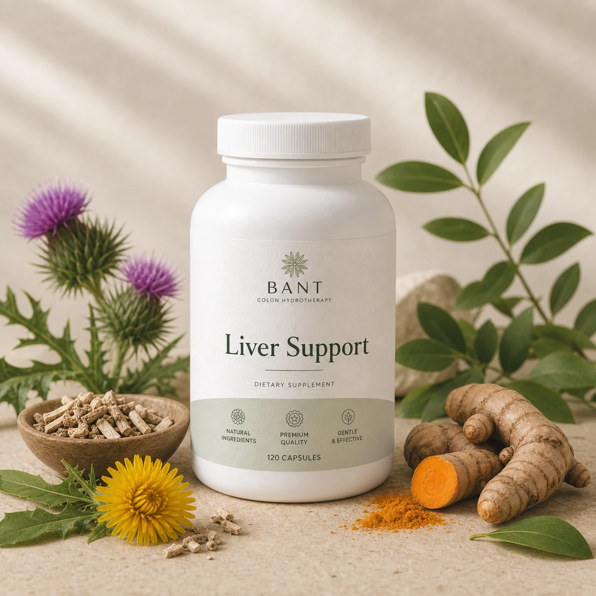 Bant Liver Support bottle with milk thistle, turmeric, and herbal styling.