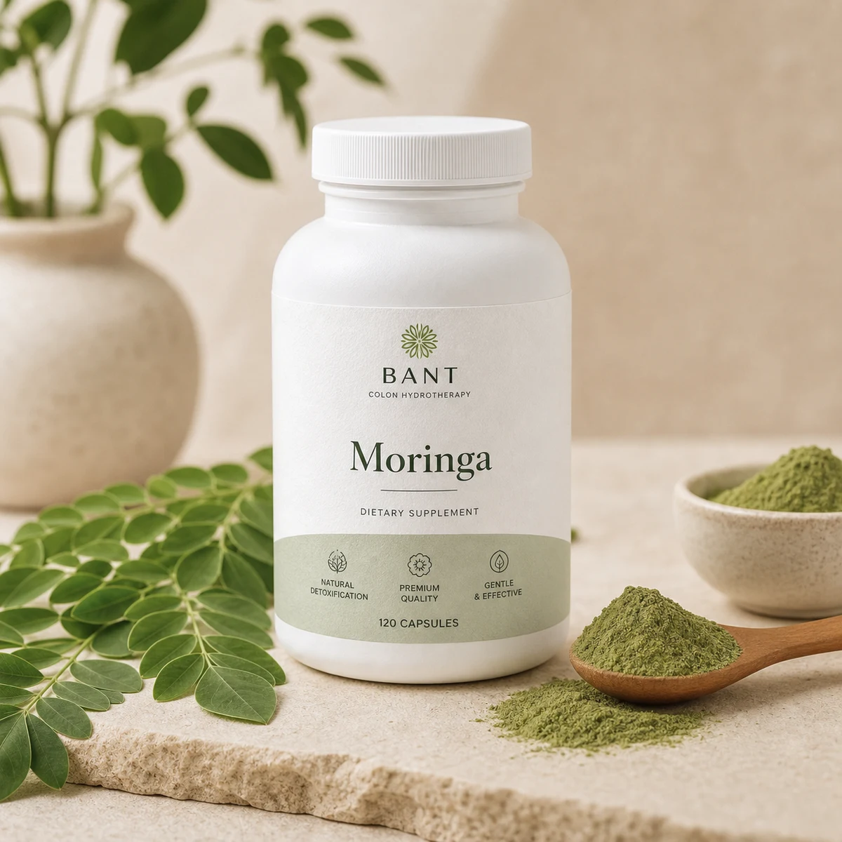 Bant Moringa bottle with fresh leaves and green powder in a ceramic spoon.