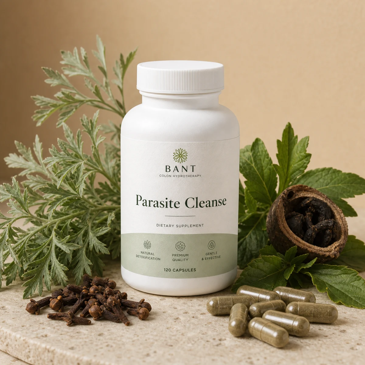Bant Parasite Cleanse bottle with cloves, herbs, and muted cleanse styling.
